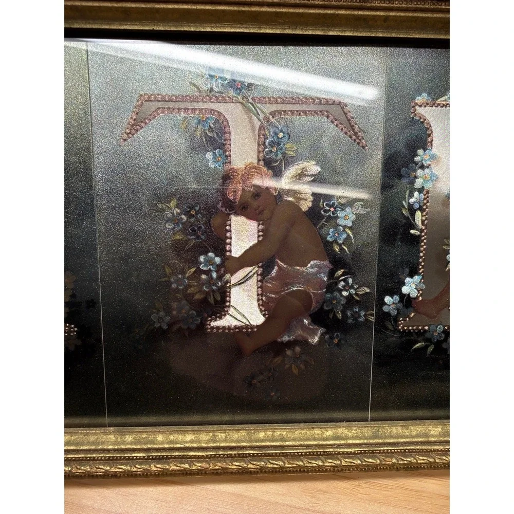 Vintage Framed‎ BATH Cherub Angel Bathroom Wall Art Gold Frame 17.5x7